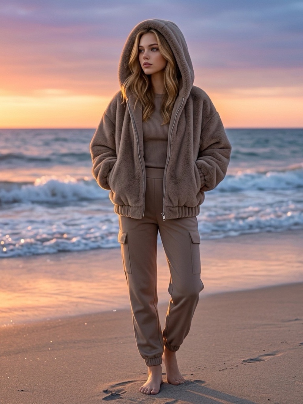 Hollister Faux Fur Hooded Zip Jacket Taupe Brown Size Small